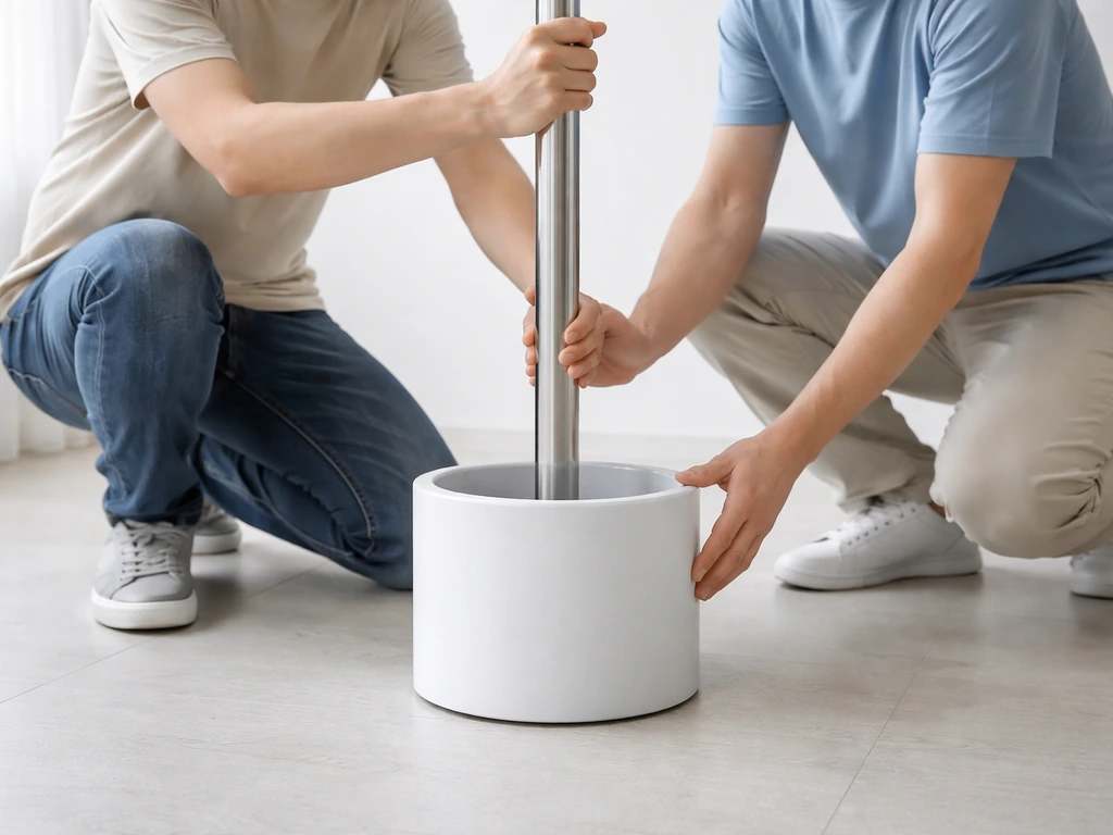 Two people align and lower a central pole assembly into a cylinder base during installation.