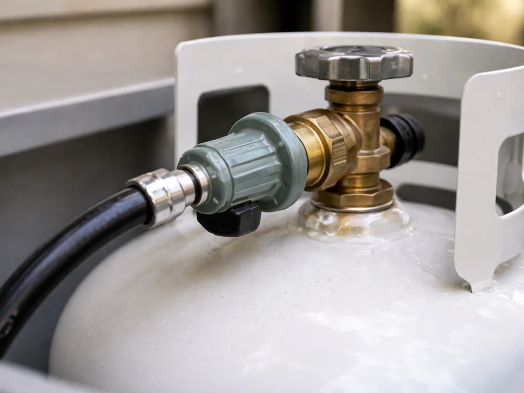 Close-up of propane regulator connected to a 20-lb tank with leak-check bubbles not forming at the fittings.