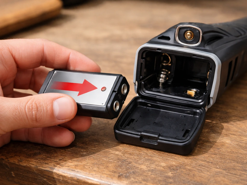 Close-up of a battery compartment and igniter area with hands checking battery insertion direction.
