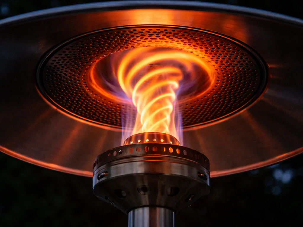 Tight close-up of a propane patio heater burner with a spiral venturi-like flame pattern