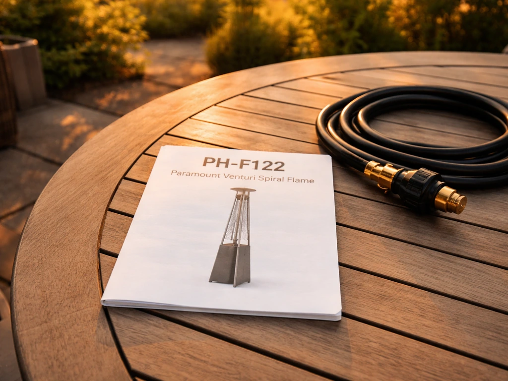 Close-up of a propane patio heater manual cover on a patio table, labeled for the PH-F122 model.