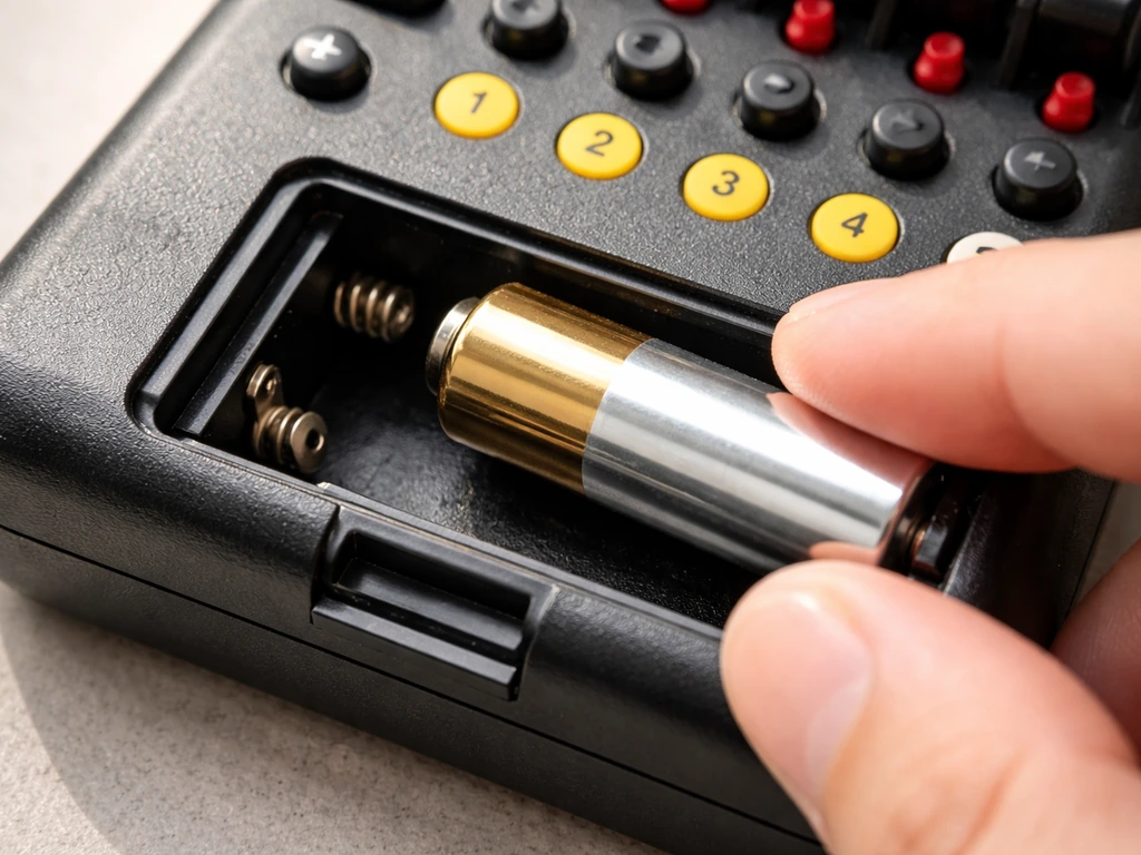Close-up of an AA battery being inserted into an electronic igniter battery compartment on a control panel.
