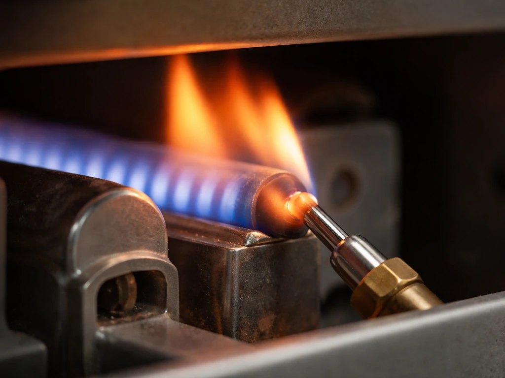 Close-up of a gas heater burner showing the thermocouple probe in the flame path.