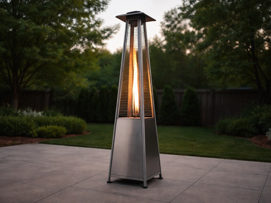 Fully assembled pyramid patio heater outdoors on a clean patio, ready for manual guide visuals