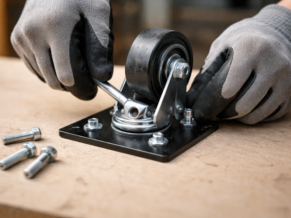 Hands tightening M6 bolts attaching a wheel assembly to a low base plate on a workshop bench.