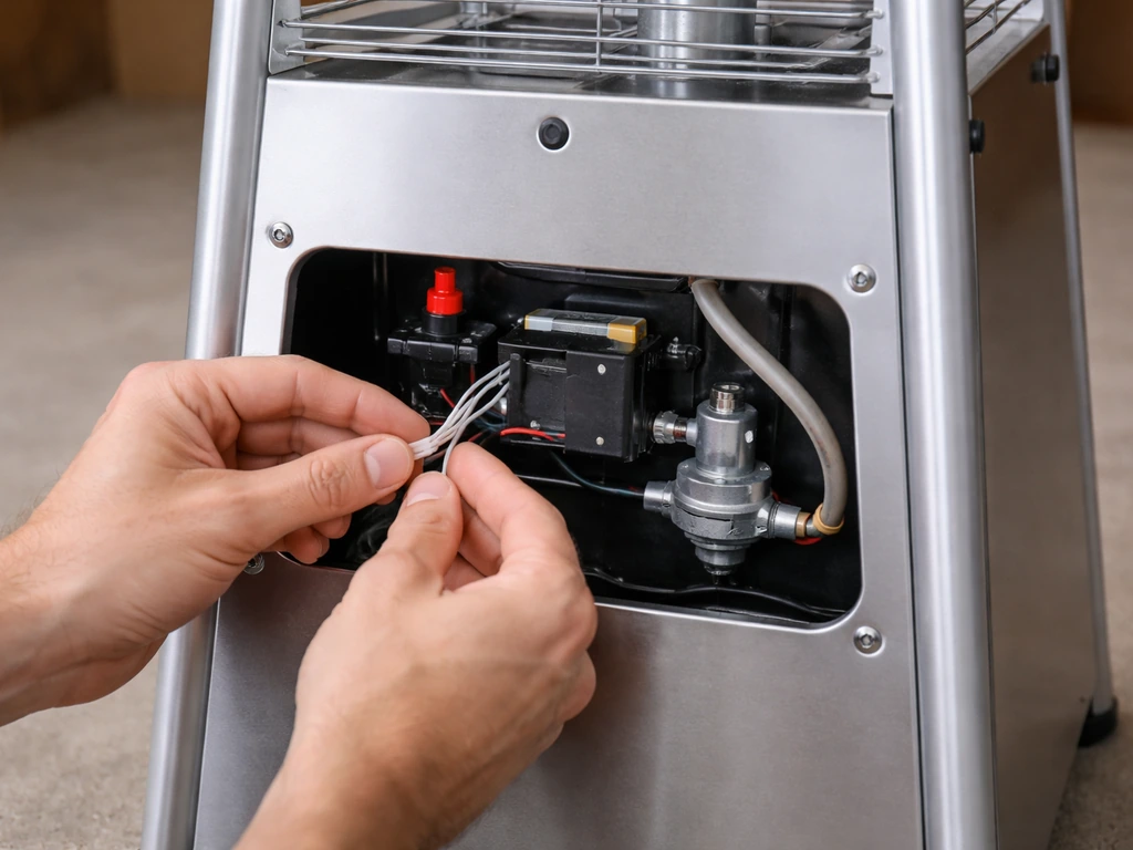 Hands wiring ignition and regulator inside a stand-integrated heater control housing, control box mounted.