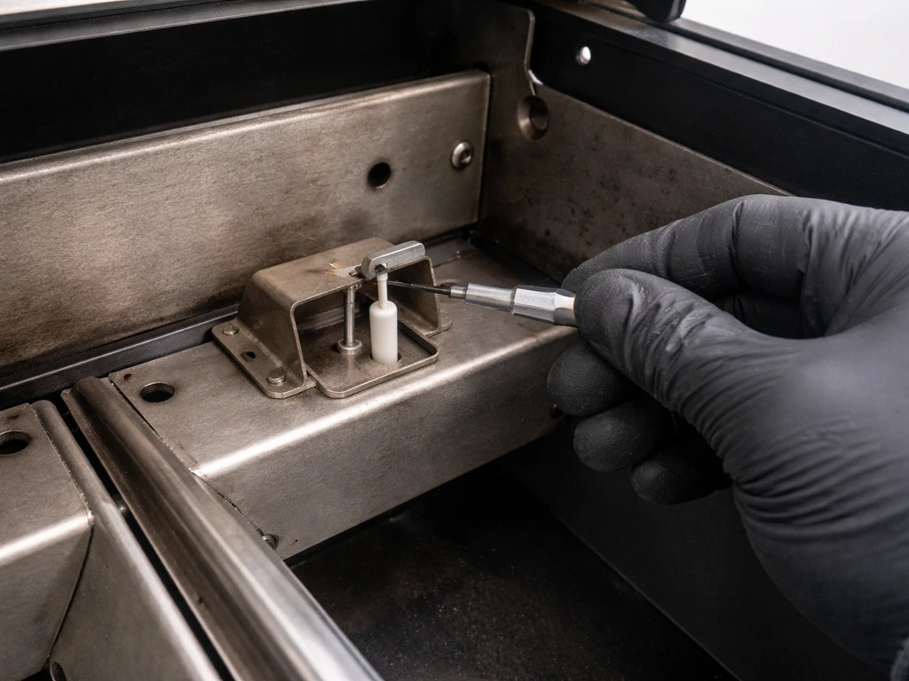 Gloved hand inspecting a grill igniter/spark area with no flame after assembly.