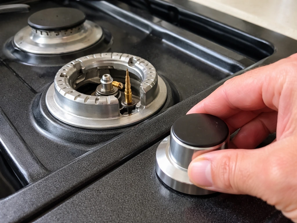 Close-up of a gas stove thermocouple probe near the pilot while a hand holds the knob down.