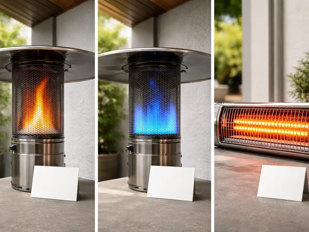 Side-by-side visuals of propane flame, natural gas flame, and an electric heater element under a roof.