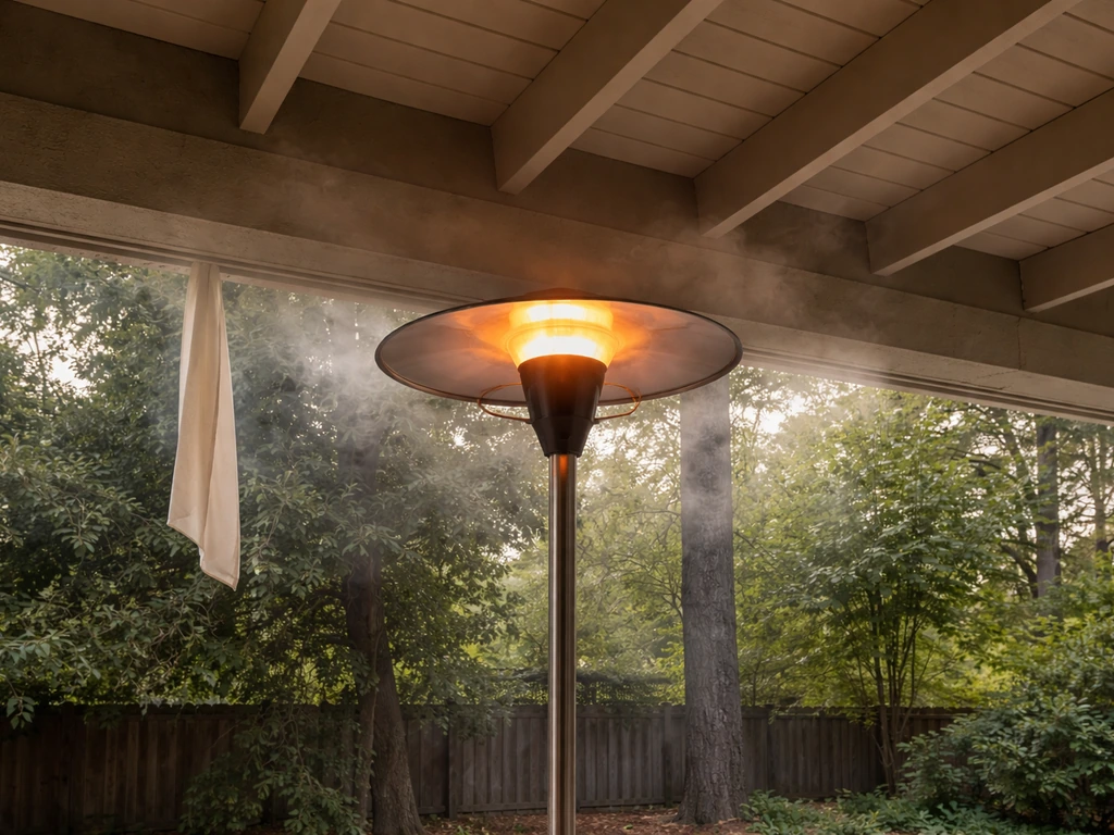 Under-roof patio heater with faint low drifting haze near the ceiling, suggesting poor ventilation risk.