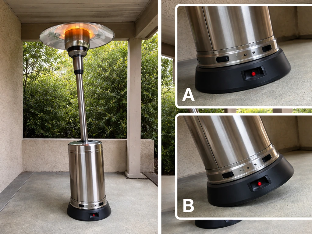 Outdoor patio heater on level ground with tilt-safety area shown; inset shows slight angle causing shutoff behavior.