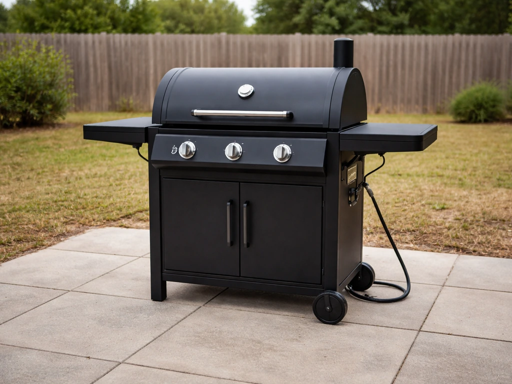 Outdoor gas smoker with open clearance around it on a patio-like surface, no enclosed cover overhead.