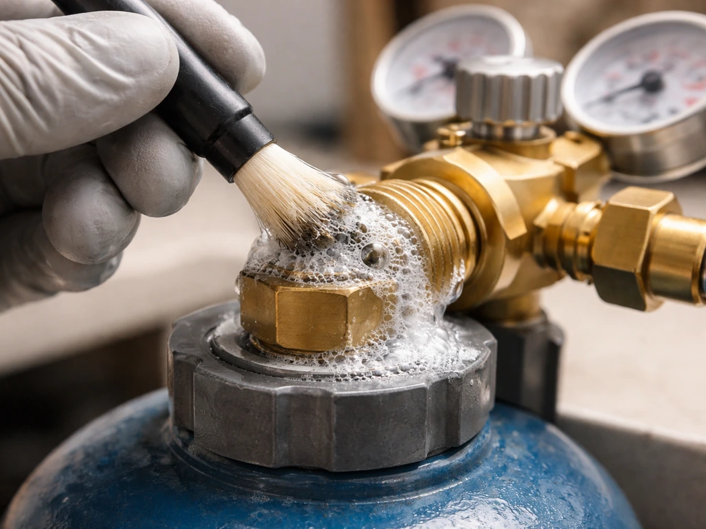Hand applying soapy water to a gas regulator connection, bubbles forming to check for leaks.