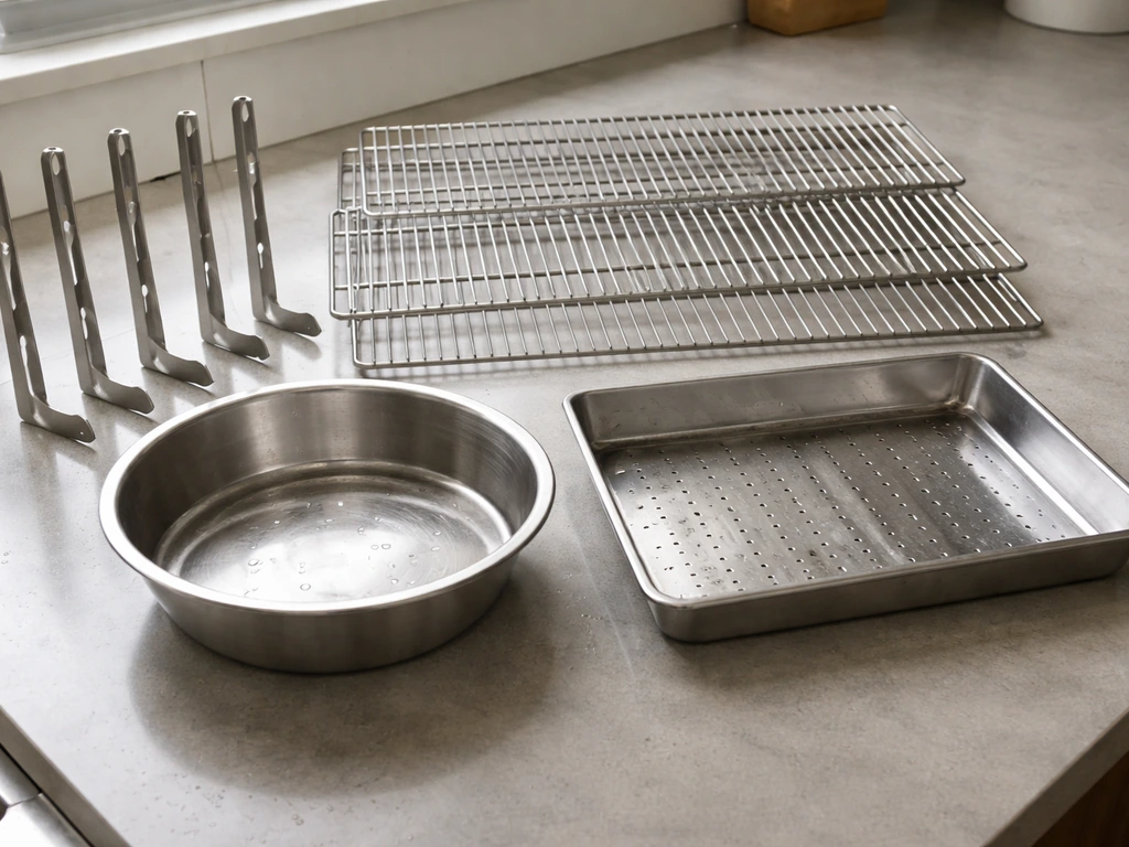 Freshly washed propane smoker interior parts—racks, drip pan, water bowl and rack supports—clean and neatly arranged