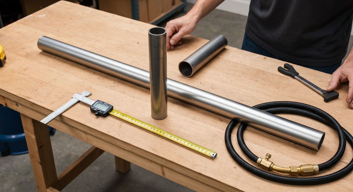 Two-piece patio heater pole next to a newly cut replacement tube with caliper and tape measure on a workbench