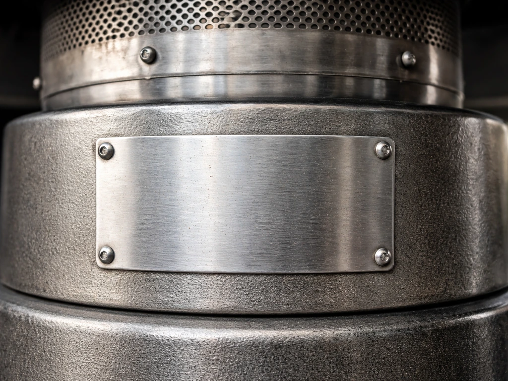 Close-up of a patio heater’s metal rating plate near the base showing BTU per hour.