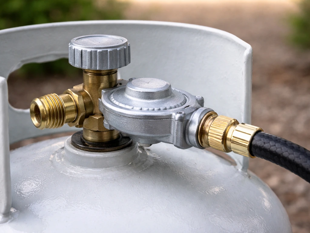 Close side-by-side view of propane cylinder valve, correctly aligned regulator, and compatible hose connection.