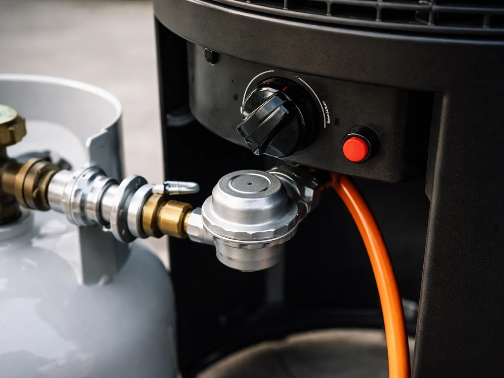 Close-up of a gas heater control knob and igniter area with cylinder valve connection visible
