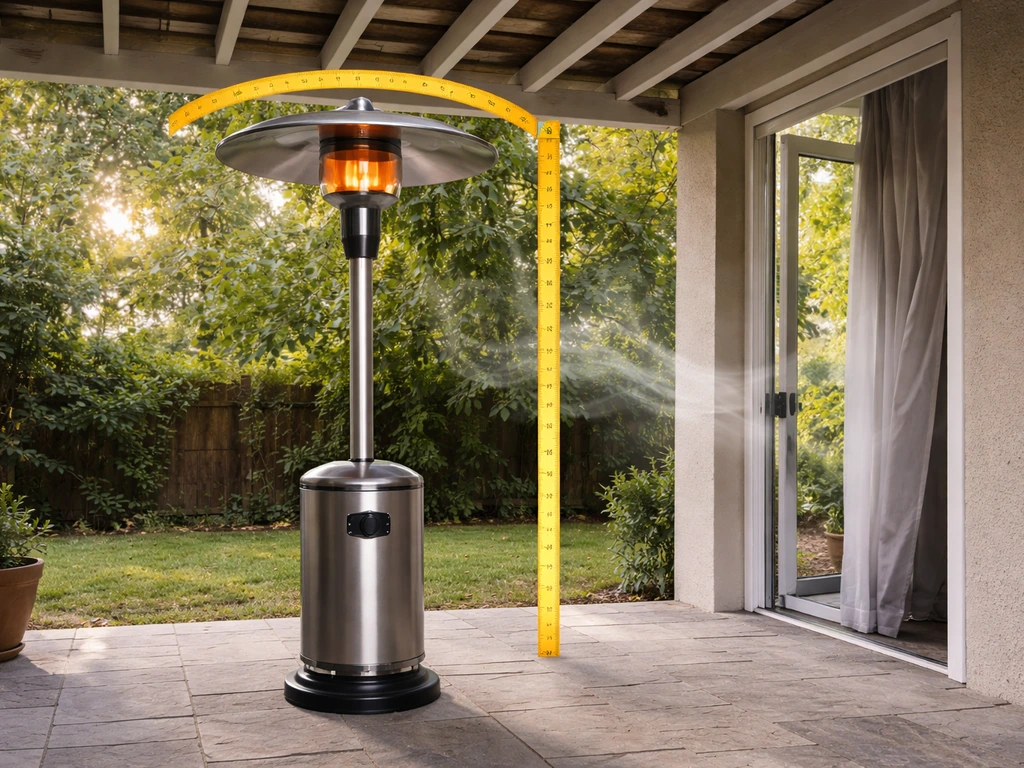 Covered patio heater under a pergola with visible overhead/side clearance space and an open fresh-air opening.