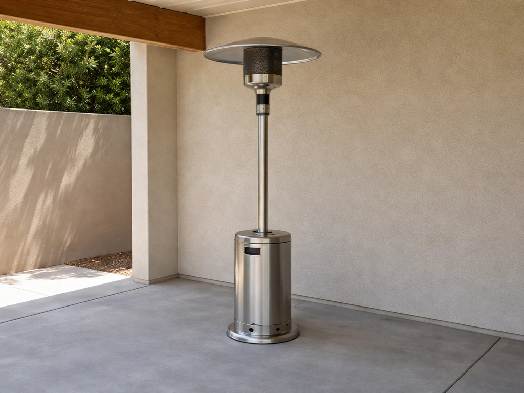 Under-roof patio showing a gas mushroom heater placed away from walls and a correct vent clearance.