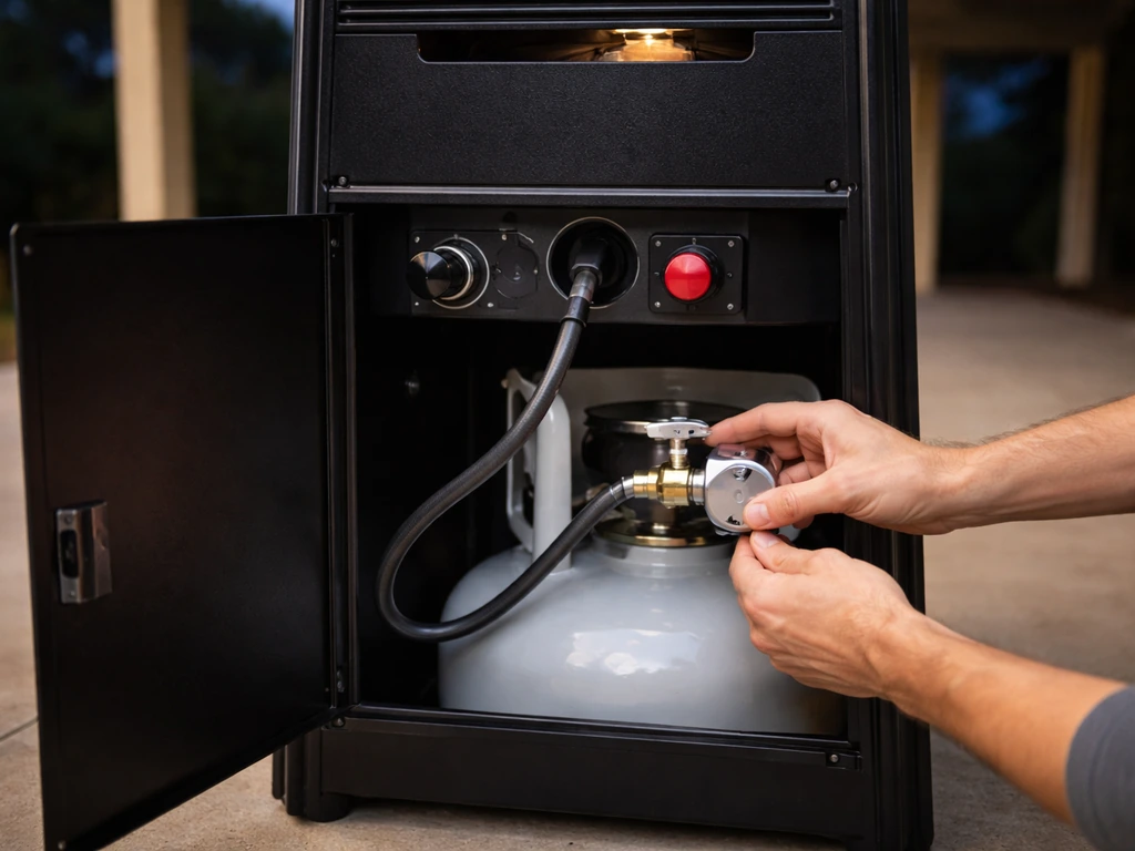 Hands check a propane heater’s regulator and cylinder valve connection under a covered patio.