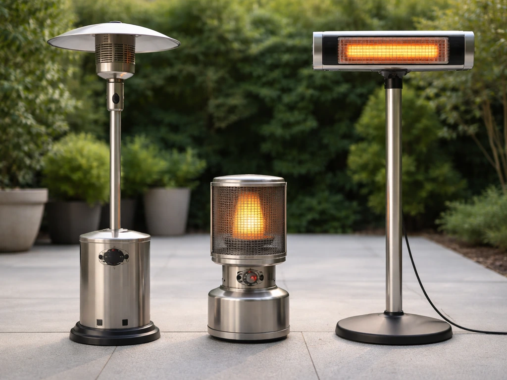 Three patio heater types side-by-side with visible components: propane mushroom, propane tabletop, and electric infrared