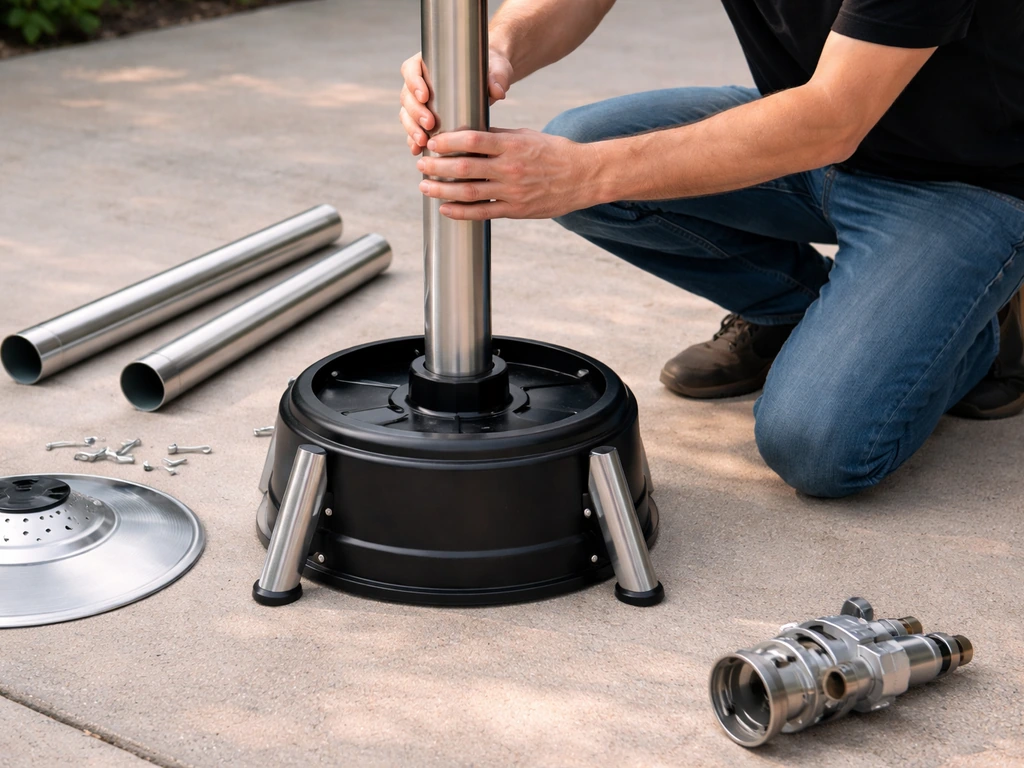 Hands align heater pole sections on an installed base on a concrete patio, before adding the burner head.