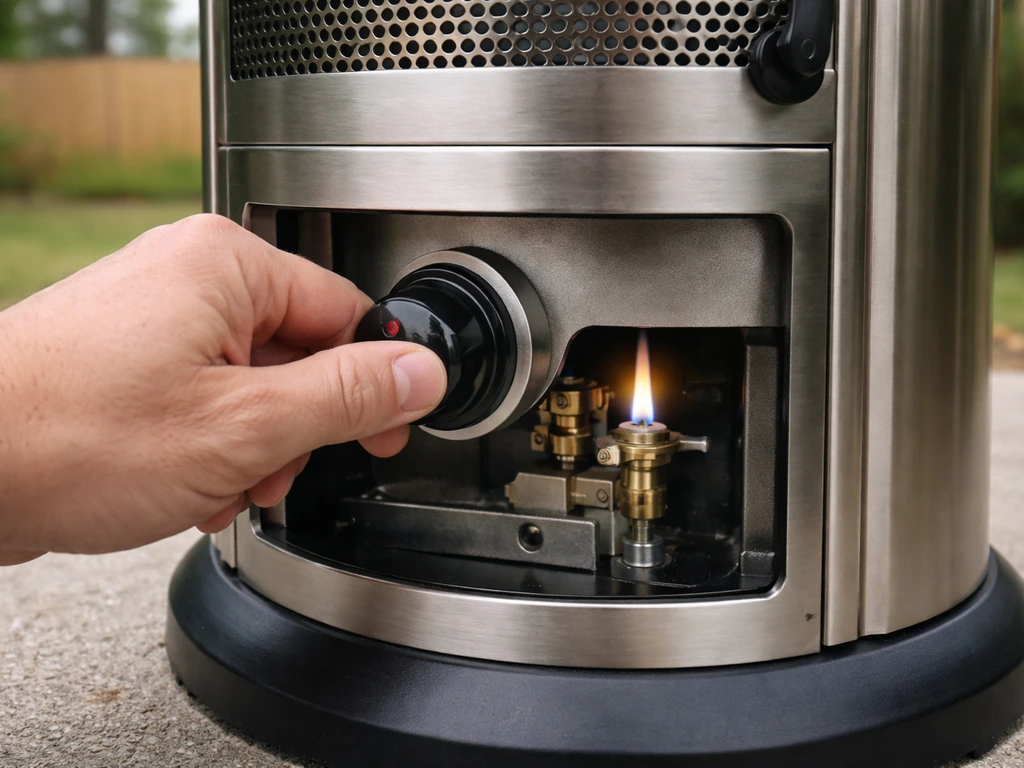 Outdoors beside a freestanding propane heater, hand turning the control knob toward ignition near the pilot area