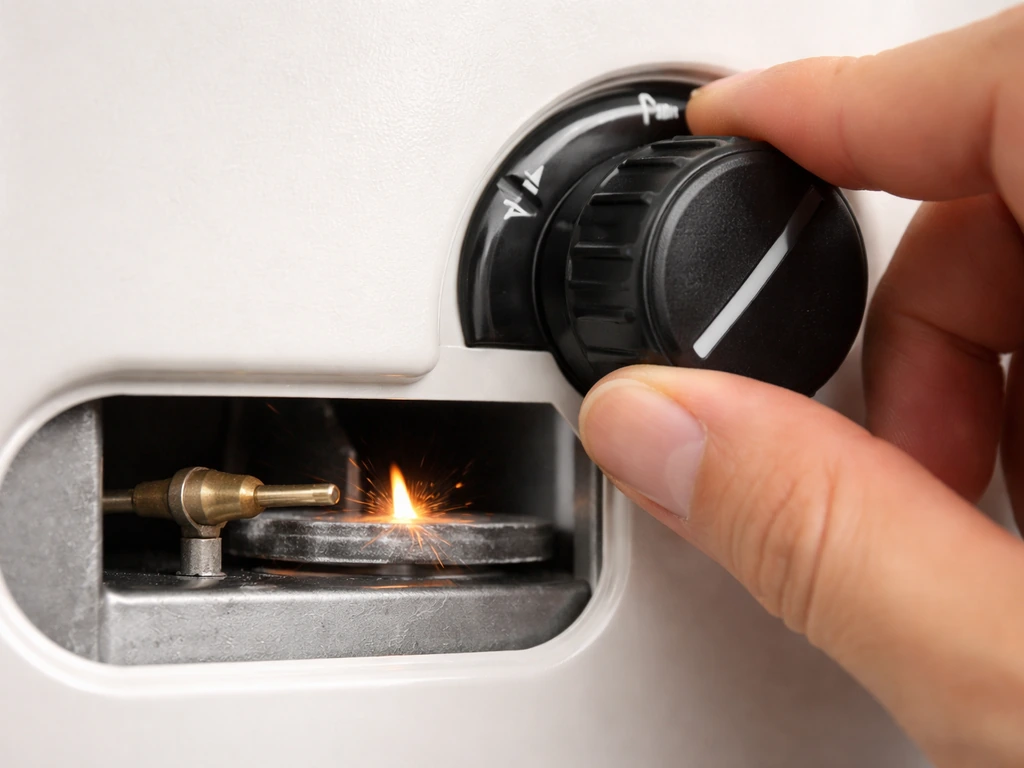 Close-up of gas heater knob held in ignition with thermocouple visible as flame attempts then dies.