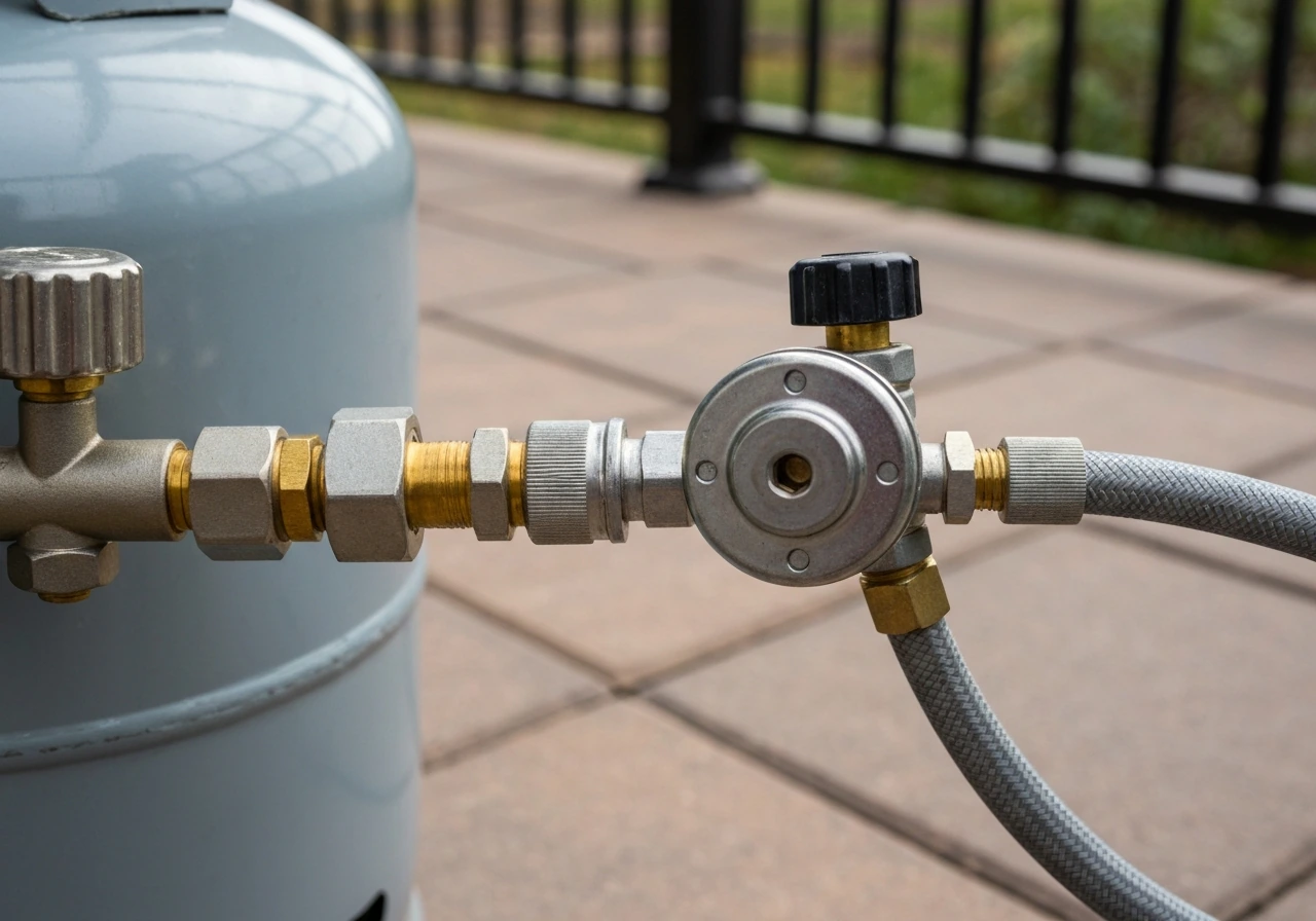 Closeup of a propane cylinder connected to a patio heater hose and regulator, valve and coupler visible.