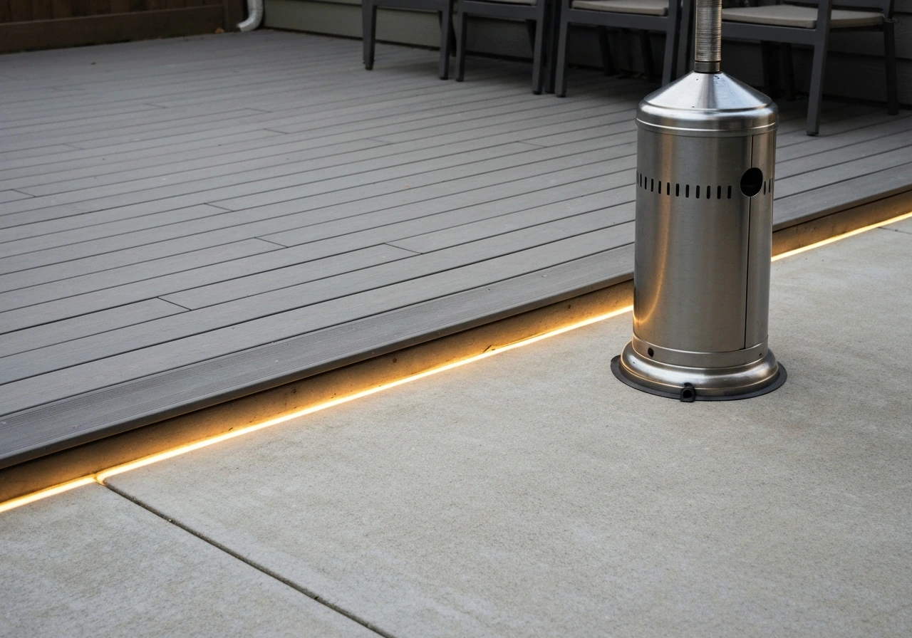 Outdoor patio scene with a propane heater and a clearly marked low ground-level leak risk zone near the deck edge.