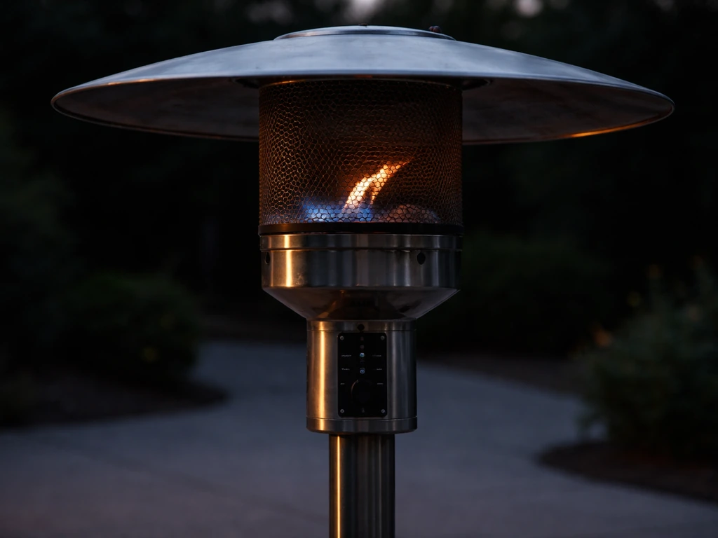 Outdoor patio heater with a flickering blue flame that’s partially going out