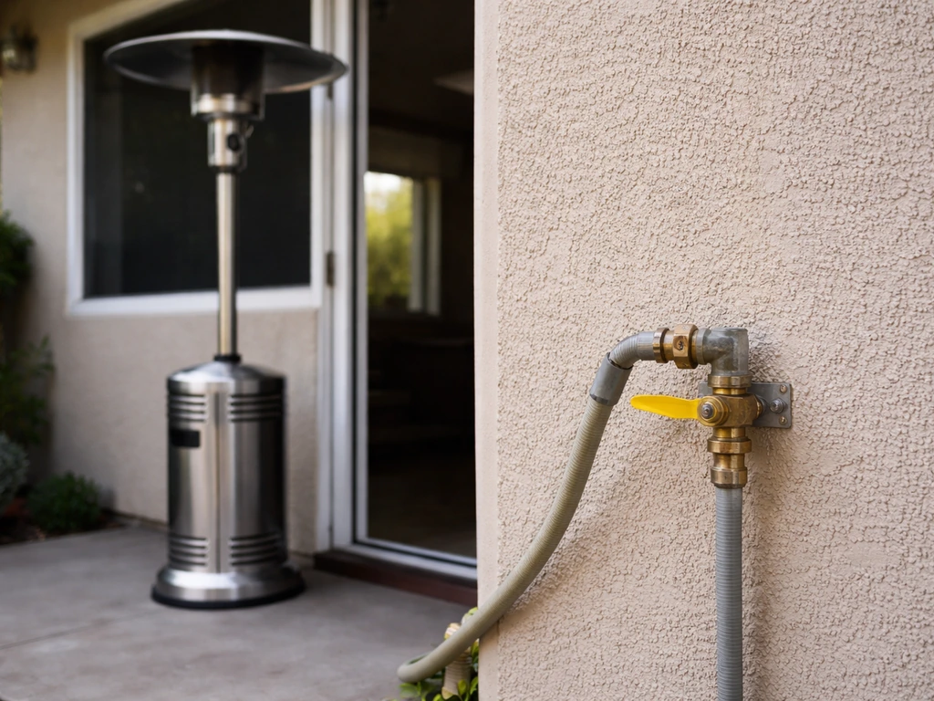 Outdoor gas heater with the shutoff valve turned off, open area suggesting ventilation; no people.