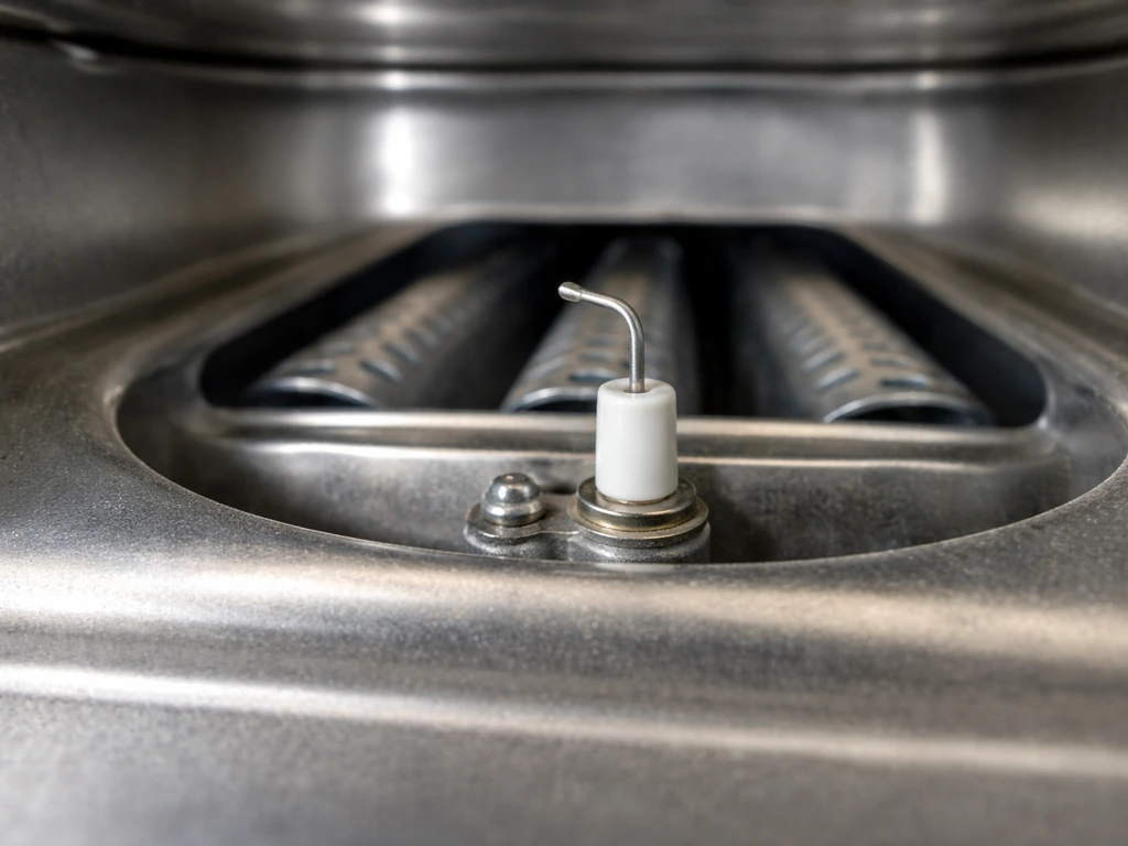 Close-up of a gas appliance burner grille showing an igniter electrode during an off-state ignition check.