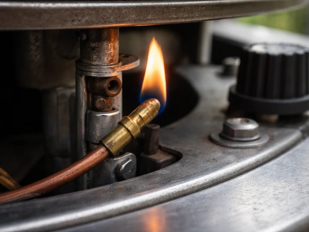 Close-up of a patio heater pilot area showing a metal thermocouple tip near the pilot flame.