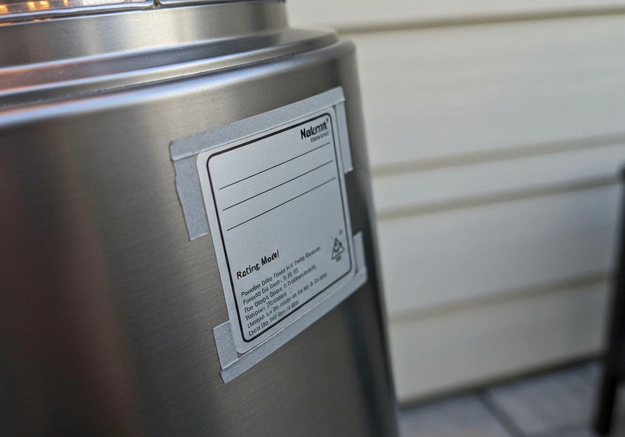 Close-up of a heater rating plate label showing model and specifications for identification.