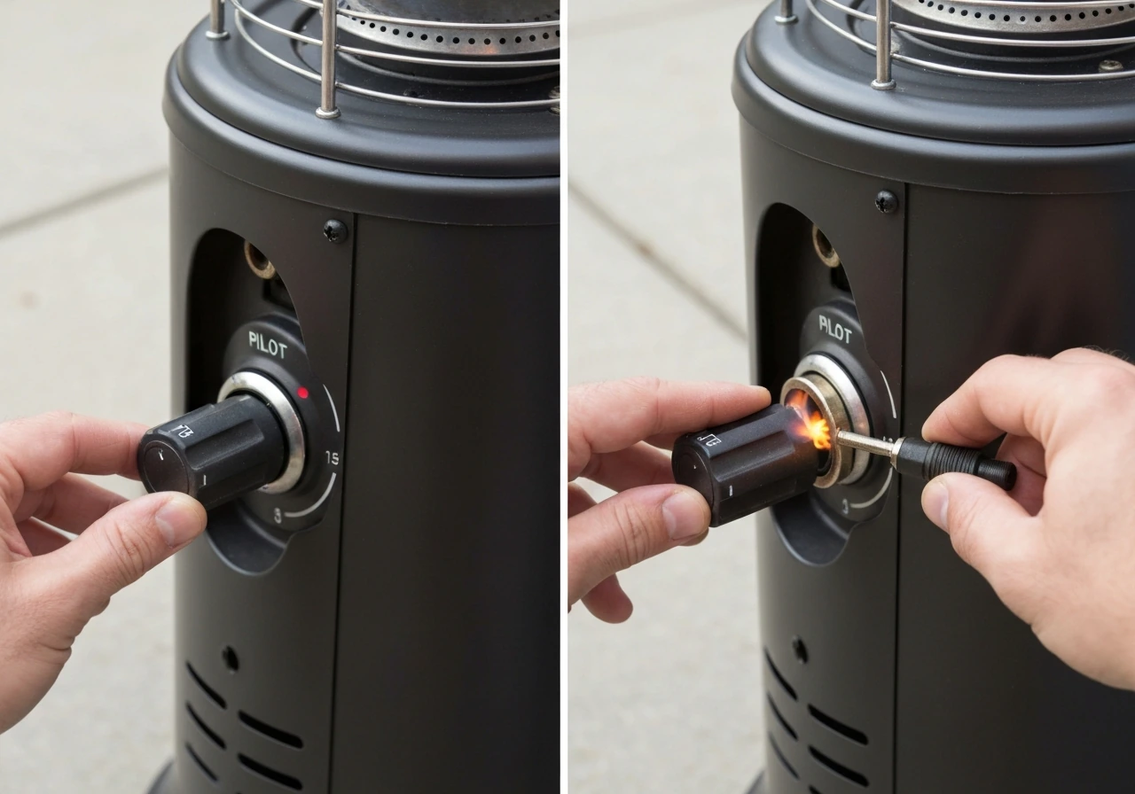 Patio heater control valve close-up showing knob at pilot and igniter location for first setup step.