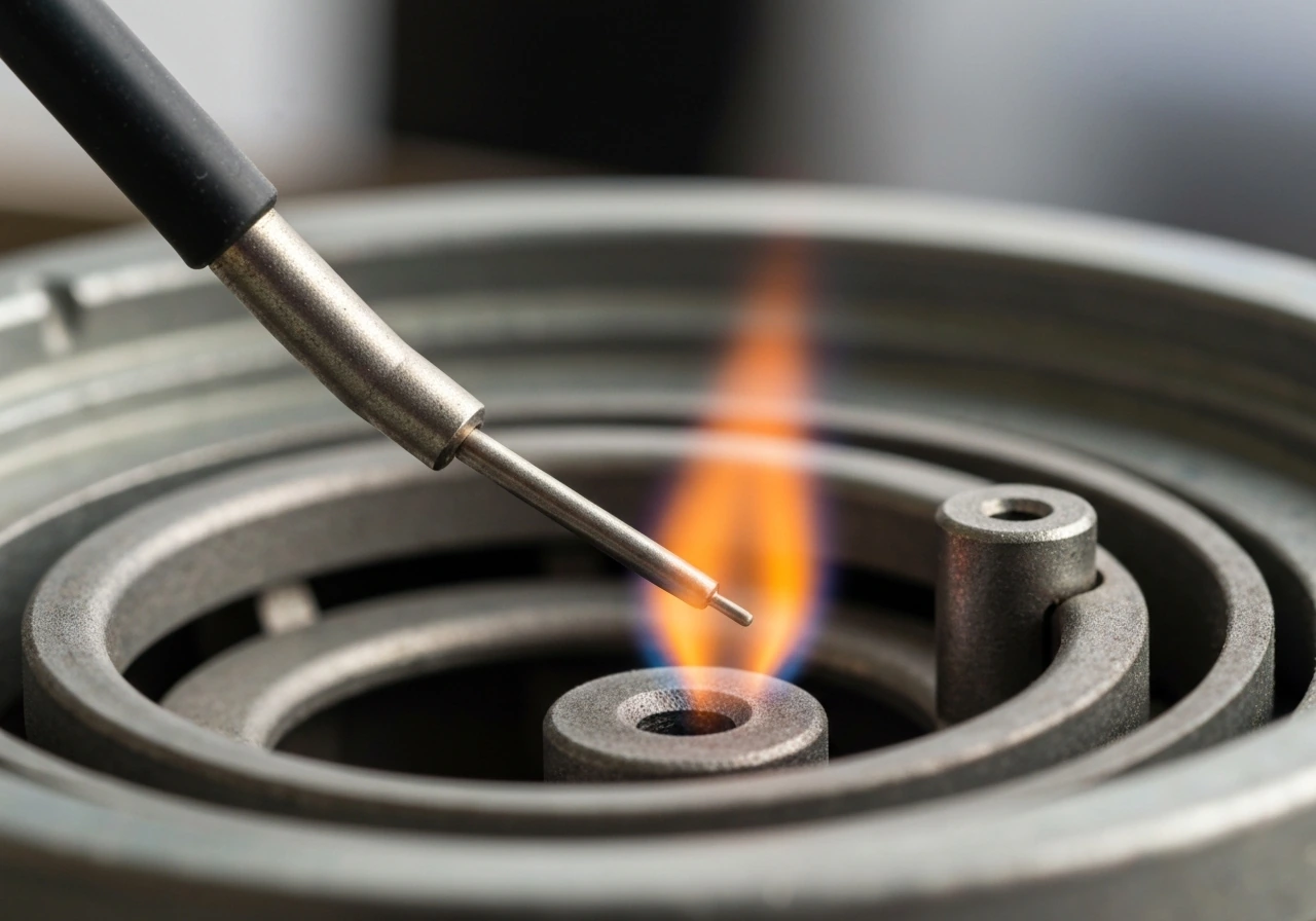 Close-up of a thermocouple inside a pilot flame area showing heat near the ignition spot.