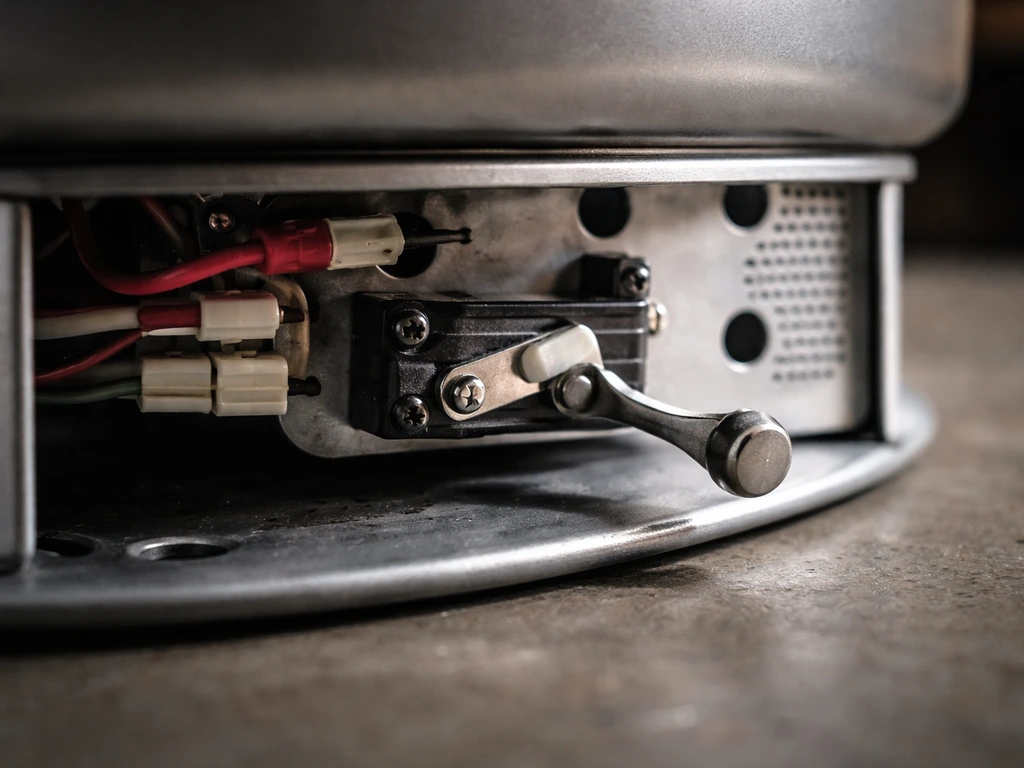 Close-up of a gas heater base safety cutoff/tilt switch mechanism and wiring connectors.