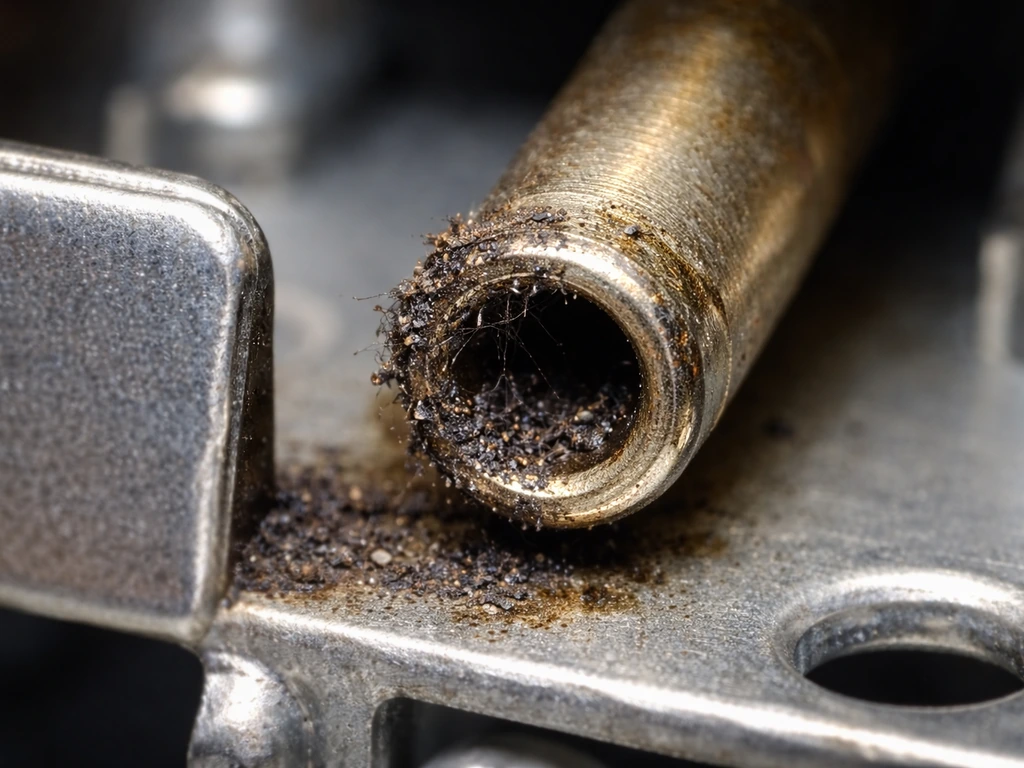 Close-up of a gas pilot orifice showing clogged debris versus a clean passage, with soft contrast.