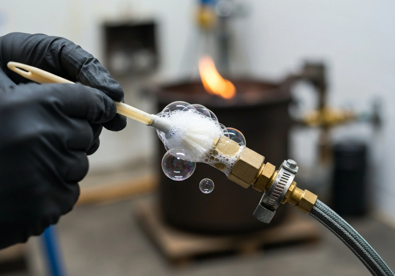 Gloved hands brushing soapy solution onto a gas pipe joint, bubbles forming at the fitting.