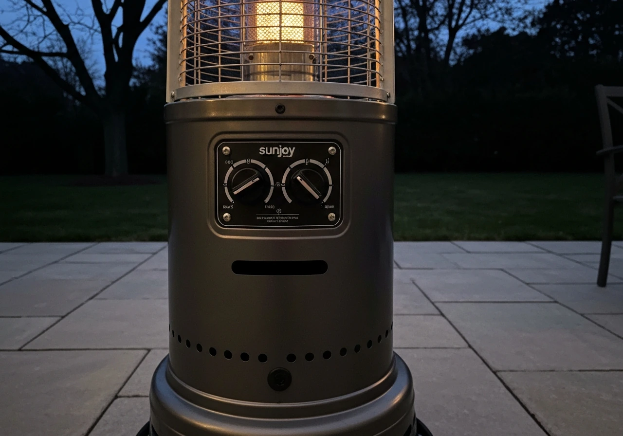 Outdoor Sunjoy patio heater with close view of control panel and ignition area, ready for manual lookup guidance.