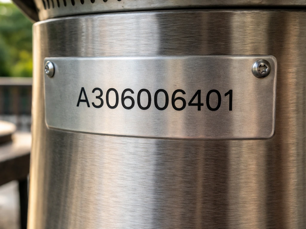 Close-up of a patio heater’s rating plate showing a model code used to find the right manual.