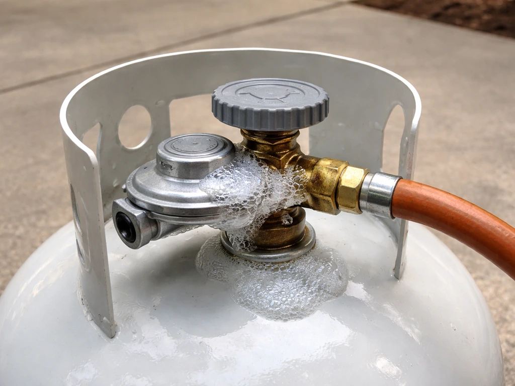 Close-up of a propane cylinder regulator connection with soapy bubbles around the fittings for leak checking.