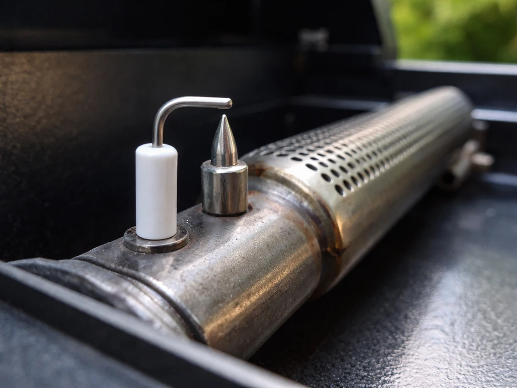 Close-up of a gas burner igniter electrode tip with proper 3–4mm gap and clean metal surface