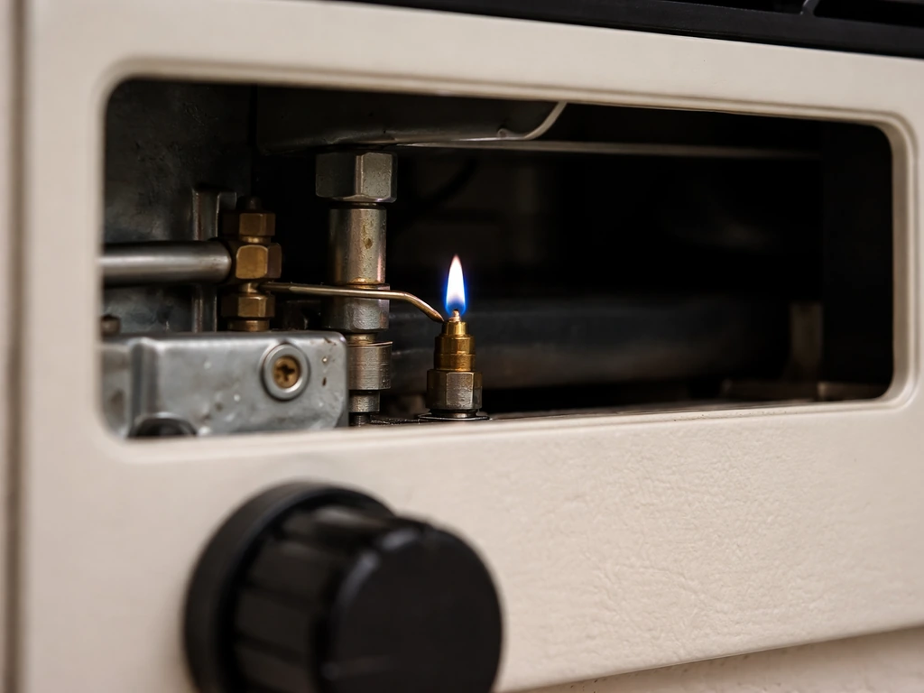 Close-up of gas heater pilot area with thermocouple positioned near a small blue pilot flame.