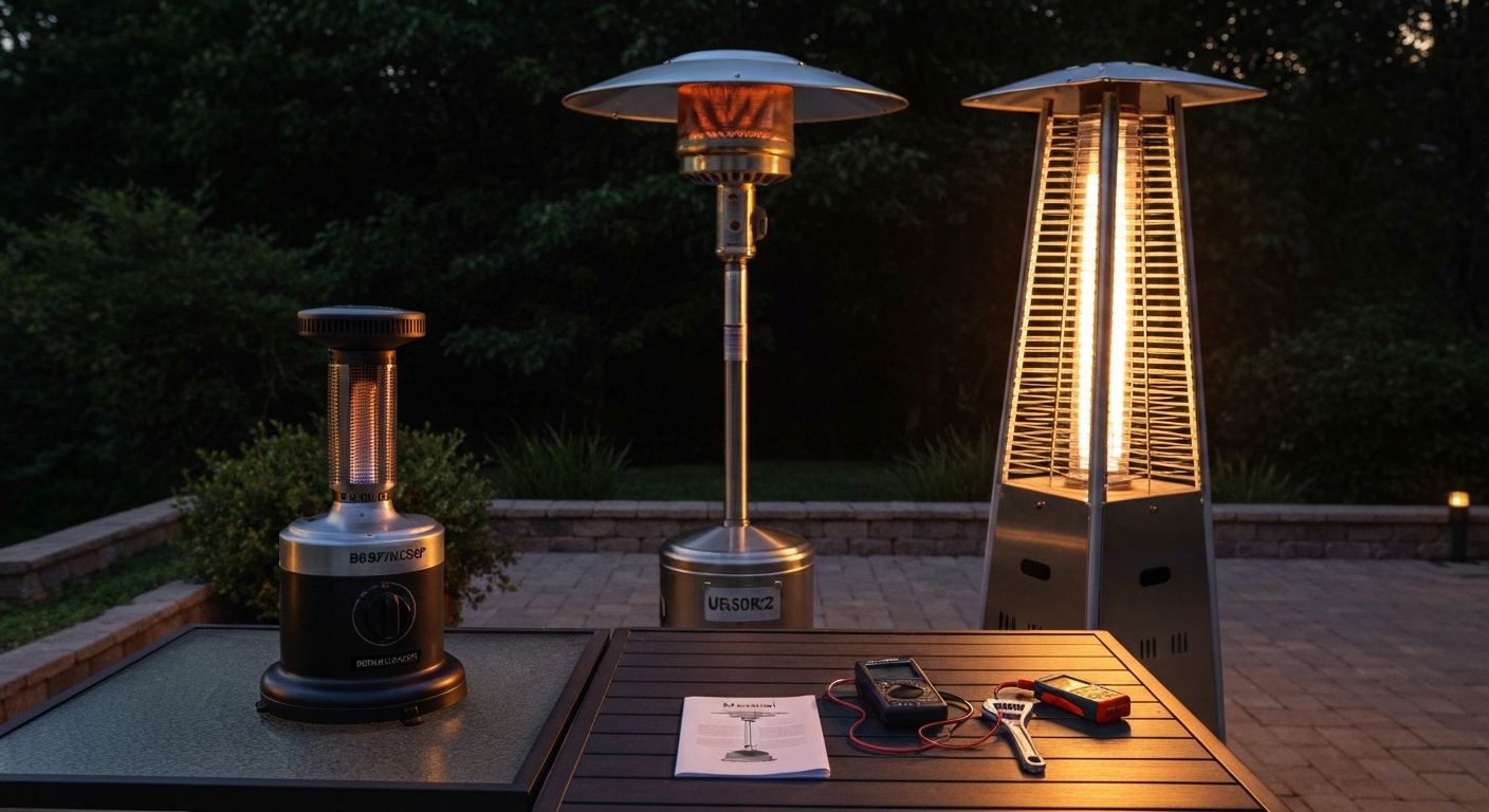 Outdoor patio with a tabletop Bali heater (B0897M2SQP), a freestanding Bali heater (UR50BK2), a printed manual, and tools.