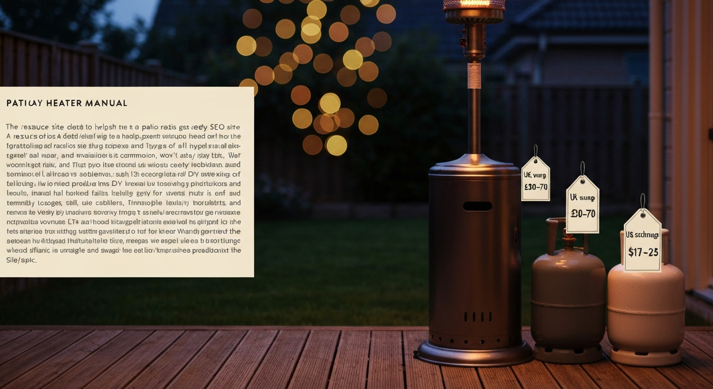 Dusk backyard with a lit freestanding patio heater and two gas cylinders nearby, price tags showing typical UK and US exchange prices.