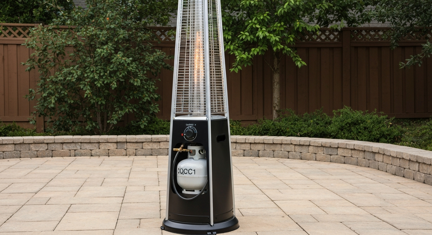 Assembled Zubri Z1-12 patio heater on a backyard patio, three-quarter view showing reflector, emitter, control cone, regulator hose, and propane cylinder.