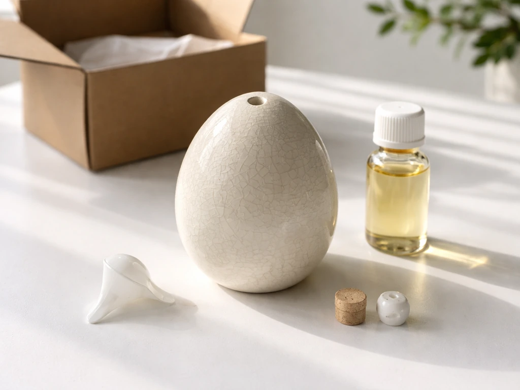 Ceramic patio egg diffuser kit unboxed on a clean table with hairline crack visible under natural light.